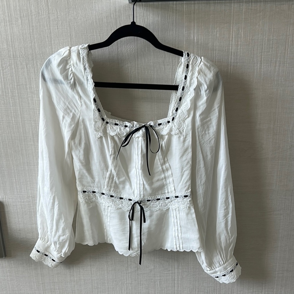 Reformation White Smocked Tie Front Blouse